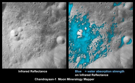 lunar crater on dark side, image on right shows water traces