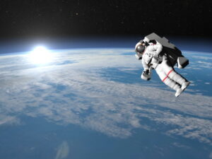 Astronaut or cosmonaut flying upon earth – 3D render