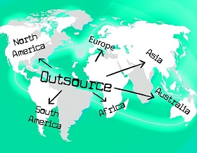 map of the world with 'outsource' written across it