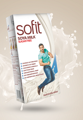 A tetrapack of Sofit soya milk
