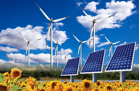 Image of wind turbines and solar panels