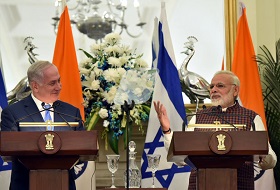 The Prime Minister, Shri Narendra Modi and the Prime Minister of Israel, Mr. Benjamin Netanyahu during Press Statement, at Metanyahu and Modi at Hyderabad House, in New Delhi on January 15, 2018.