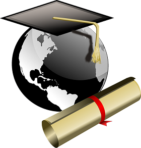 a diploma, a graduate's cap and a globe