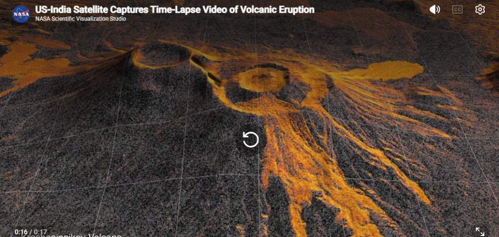 In this animation, frames of NISAR data from December 2025 to August 2026 show the spread of lava from the northern crater of Krasheninnikov, a volcano pair on Russia’s Kamchatka Peninsula. In the image, the lava field appears brighter in the foreground than the surrounding surfaces. Credit: NASA’s Scientific Visualization Studio