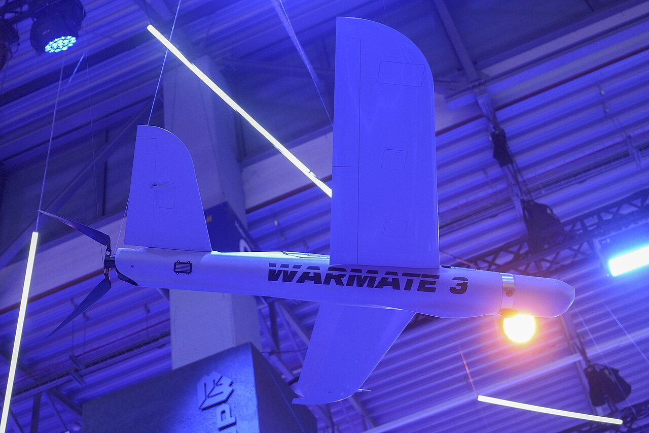 Warmate 3 loitering munition drone from WB Group on display at the MSPO 2026 defense fair in Kielce, Poland